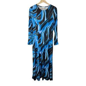 Topshop Abstract Swirl Full Skirt Midi Maxi Dress Blue Size Small 4-6 Retro